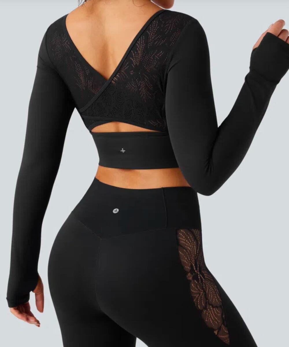 Halara Lace Cropped Black Sports Top Medium